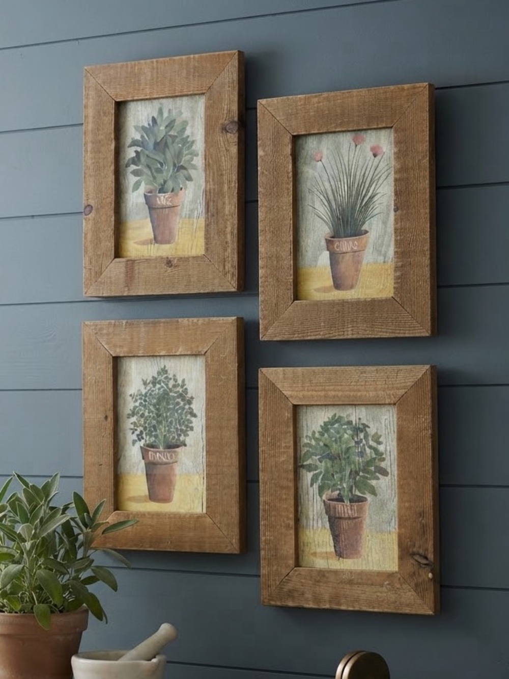 Pier 1 Imports Rustic Wood Framed Herb Art Prints Set of 4 Farmhouse Kitchen